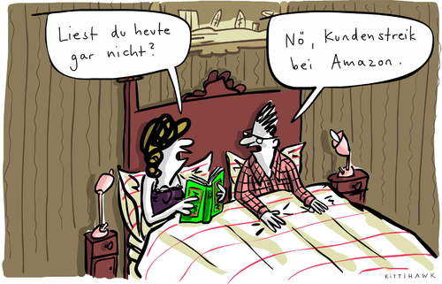 Cartoon: Amazon Streik (medium) by kittihawk tagged lesen,2014,kittihawk,gehen,abends,nacht,gute,krimi,bett,nicht,gar,du,list,streik,kunden,amazon,kittihawk,2014,amazon,kunden,streik,list,du,gar,nicht,bett,krimi,gute,nacht,abends,gehen,lesen