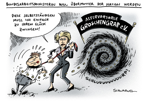 Cartoon: Altersvorsorge (medium) by Schwarwel tagged minister,arbeit,bundesministerin,von,der,leyen,selbstständige,altersvorsorge,versicherung,rente,karikatur,schwarwel,bundesministerin,von der leyen,selbstständige,altersvorsorge,versicherung,rente,von,der,leyen