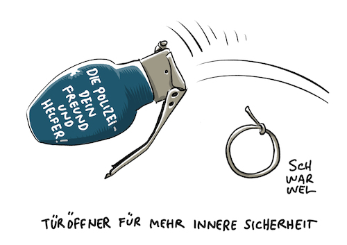 Cartoon: Bayerns Polizeiaufgabengesetz (medium) by Schwarwel tagged polizei,polizeistaat,polizisten,bayern,polizeiaufgabengesetz,polizeigesetz,cdu,csu,innere,sicherheit,seehofer,dobrindt,söder,terror,terrorismus,demo,demonstration,waffen,gummiknüppel,handgranate,handgranaten,überwachung,überwachungsstaat,drohende,gefahr,gefängnis,knast,kriminalität,täter,opfer,kriminell,landesinnenminister,herrmann,politik,partei,parteien,deutschland,freistaat,sprengstoff,festnahme,festnahmen,gewahrsam,sek,spezialeinsatzkommando,einsatzkommando,militär,nopag,pag,videoüberwachung,videokamera,gesichtserkennung,bodycams,mustererkennung,präventive,dna,analyse,atenspeicherdurchsuchung,unendlichkeitshaft,bewaffnete,drohnen,durchsuchungen,cartoon,karikatur,schwarwel,polizei,polizeistaat,polizisten,bayern,polizeiaufgabengesetz,polizeigesetz,cdu,csu,innere,sicherheit,seehofer,dobrindt,söder,terror,terrorismus,demo,demonstration,waffen,gummiknüppel,handgranate,handgranaten,überwachung,überwachungsstaat,drohende,gefahr,gefängnis,knast,kriminalität,täter,opfer,kriminell,landesinnenminister,herrmann,politik,partei,parteien,deutschland,freistaat,sprengstoff,festnahme,festnahmen,gewahrsam,sek,spezialeinsatzkommando,einsatzkommando,militär,nopag,pag,videoüberwachung,videokamera,gesichtserkennung,bodycams,mustererkennung,präventive,dna,analyse,atenspeicherdurchsuchung,unendlichkeitshaft,bewaffnete,drohnen,durchsuchungen,cartoon,karikatur,schwarwel