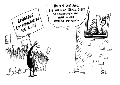 Cartoon: Brüderle FDP Sexismus Vorwurf (medium) by Schwarwel tagged brüderle,fdp,sexismus,vorwurf,rösler,partei,politik,deutschland,karikatur,schwarwel,brüderle,fdp,sexismus,vorwurf,rösler,partei,politik,deutschland,karikatur,schwarwel