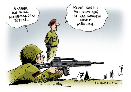 Cartoon: Bundeswehr Gewehr Mängel (medium) by Schwarwel tagged bundeswehr,gewehr,mängel,test,präszision,g36,soldat,armee,krieg,frieden,waffen,gewalt,terror,karikatur,schwarwel,bundeswehr,gewehr,mängel,test,präszision,g36,soldat,armee,krieg,frieden,waffen,gewalt,terror,karikatur,schwarwel