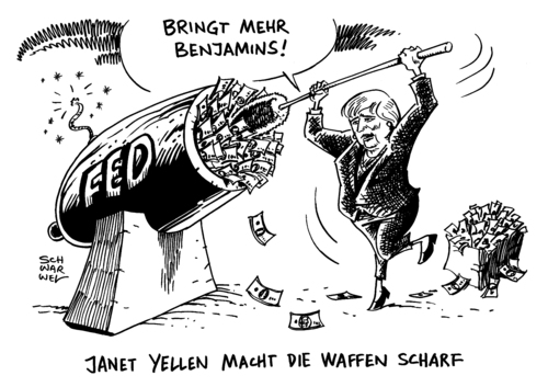 Cartoon: FED Janet Yellen Währungskrieg (medium) by Schwarwel tagged fed,janet,yellen,währungskrieg,geld,wirtschaft,finanzen,karikatur,schwarwel,kanone,krieg,fed,janet,yellen,währungskrieg,geld,wirtschaft,finanzen,karikatur,schwarwel,kanone,krieg