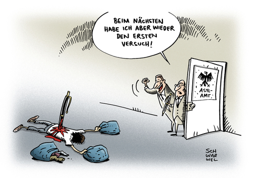 Cartoon: Flüchtlinge Kugelschreiber (medium) by Schwarwel tagged flüchtling,asyl,minderjährig,deutschland,kugelschreiber,karikatur,schwarwel,flüchtling,asyl,minderjährig,deutschland,kugelschreiber,karikatur,schwarwel