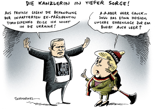 Cartoon: Gauck Ukraine Timoschenke (medium) by Schwarwel tagged bundesbräsident,gauck,ukraine,haft,inhaftiert,timoschenke,ex,ministerpräsidentin,karikatur,schwarwel,merkel,angela,kanzlerin,bundesbräsident,gauck,ukraine,inhaftiert,timoschenke,ministerpräsidentin,merkel