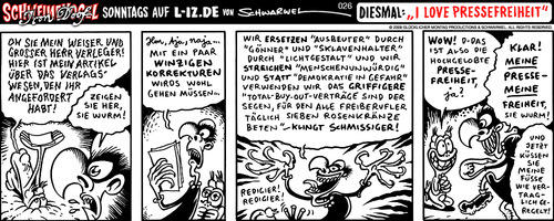 Cartoon: I love Pressefreiheit (medium) by Schwarwel tagged pressefreiheit,schweinevogel,strip,comic,iron,doof,füße,küssen,verleger,verlag,presse,freiheit
