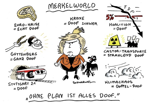 Cartoon: Lage der Merkelworld (medium) by Schwarwel tagged angela,merkel,politik,lage,nation,polititker,deutschland,regierung,euro,krise,finanzen,krone,koalition,partei,fdp,cdu,spd,guttenberg,castor,atom,stuttgart,21,klima,chaos,natur,umwelt,zerstörung,karikatur,schwarwel,angela merkel,lage,nation,politiker,deutschland,regierung,euro,krise,finanzen,guttenberg,castor,atom,cdu,fdp,partei,koalition,krone,stuttgart 21,klima,klimawandel,globale erwärmung,angela,merkel,stuttgart,21,globale,erwärmung