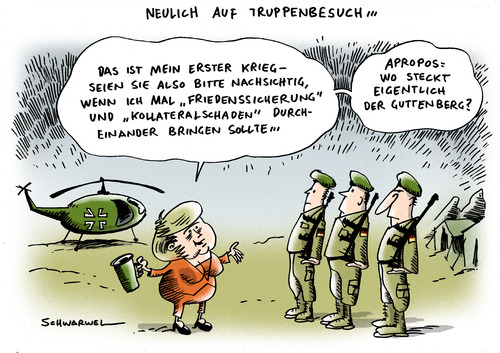Cartoon: Merkel Afghanistan (medium) by Schwarwel tagged merkel,angela,angie,blitzbesuch,besuch,truppen,soldat,bundeswehr,afghanistan,krieg,kollateralschaden,frieden,guttenberg,karikatur,schwarwel,angela merkel,blitzbesuch,besuch,truppen,soldat,bundeswehr,afghanistan,krieg,kollateralschaden,frieden,guttenberg,angela,merkel