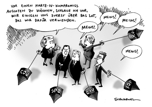 Cartoon: Parteien Kompromiss für Hartz I (medium) by Schwarwel tagged partei,regierung,deutschland,cdu,csu,spd,fdp,grüne,angela,merkel,westerwelle,gabriel,politik,staat,hartz,iv,arbeitslos,geld,sozial,kompromiss,krise,lohn,arbeit,karikatur,schwarwel,partei,regierung,deutschland,cdu,csu,spd,fdp,grüne,angela merkel,guido westerwelle,hartz,arbeitslos,lohn,krise,arbeit,job,arbeitslosigkeit,angela,merkel,guido,westerwelle