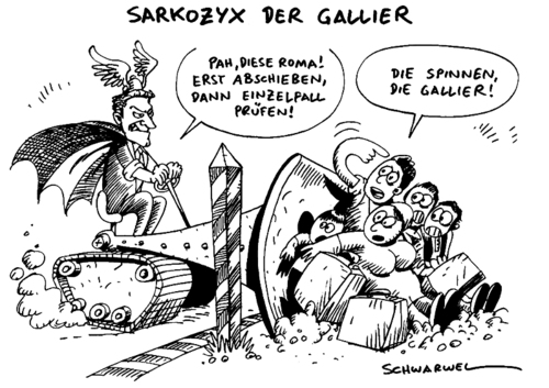 Cartoon: Sarkozy schiebt Roma ab (medium) by Schwarwel tagged sarkozy,roma,abschiebung,ausländer,gallier,karikatur,schwarwel