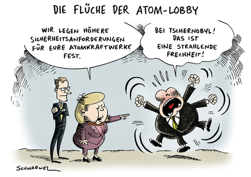 Cartoon: Schwarz-Grün versus Atom-Lobby (medium) by Schwarwel tagged angela,merkel,schwarz,grün,partei,regierung,cdu,grüne,atom,atomkraft,politik,politiker,karikatur,schwarwel