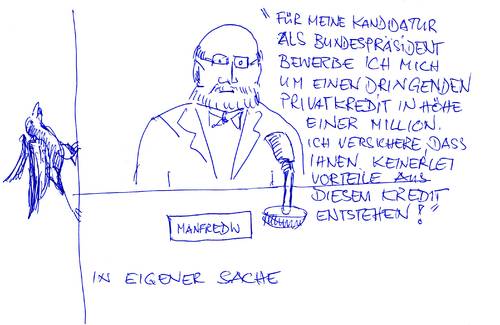 Cartoon: In eigener Sache (medium) by manfredw tagged manfredtv,wulff,hannover,klüngel,vertternwirtschaft,vetter,eitel,vereitelung,verurtelung,vorurteil,vorteil,bundespräsident,kredit