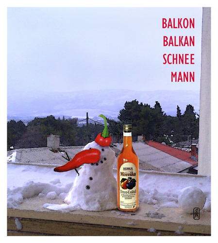 Cartoon: BALKONBALKANSCHNEEMANN (medium) by edda von sinnen tagged sinnen,von,edda,winter,peperoni,kroatien,split,zed,zwetschgenschnaps,slivowtic,emann,balkanbalkonschne,balcony,balkan,snowman