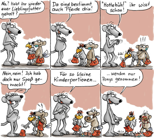 Cartoon: Kinderportionen (medium) by Ratte Ludwig tagged ratte,ludwig,pony,pferde,skandal,nahrung,essen,kinder,fast,food