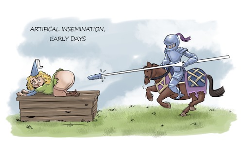 Cartoon: Artifical insemination (medium) by tinotoons tagged artifical,insemination,middle,ages,horse,knight,lance,tino,cartoon