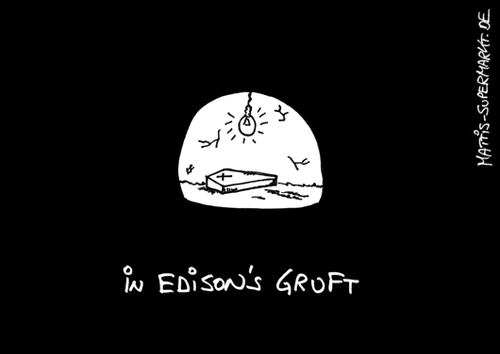 Cartoon: Edisons Gruft (medium) by Matti tagged thomas,alva,edison,licht,glühbirne,sarg,dunkel,beerdigung,bestattung,matti,mattis,supermarkt,leuchten,hell
