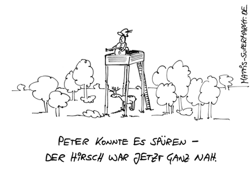 Cartoon: Hirschjagd (medium) by Matti tagged hirsch,wild,jagd,jäger,saison,büchse,flinte,hochsitz,matti,mattis,supermarkt