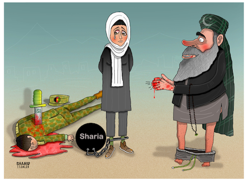 Cartoon: Afghan women are not save! (medium) by Shahid Atiq tagged afghanistan