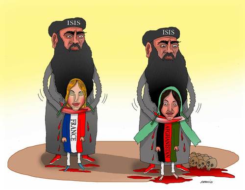 Cartoon: France and Afghanistan victim of (medium) by Shahid Atiq tagged afghanistan,kabul,isis,terrorism,taliban