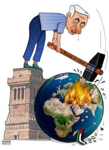 Cartoon: Netanyahu seeks to destroy! (medium) by Shahid Atiq tagged palestine