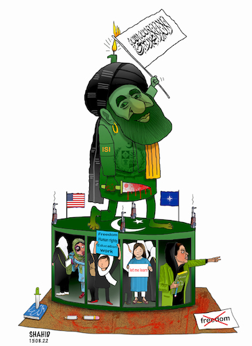 Cartoon: One Year of religious rule! (medium) by Shahid Atiq tagged afghanistan