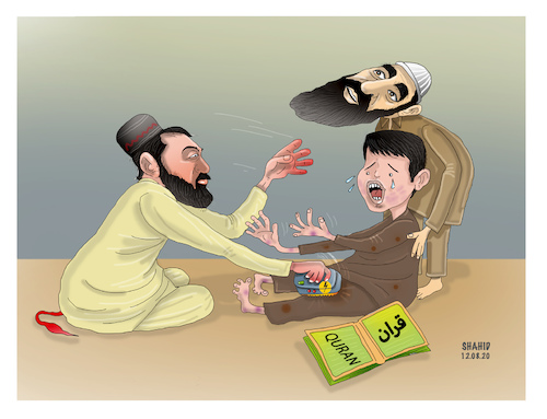 Cartoon: Teaching the Quran with electric (medium) by Shahid Atiq tagged afganistan