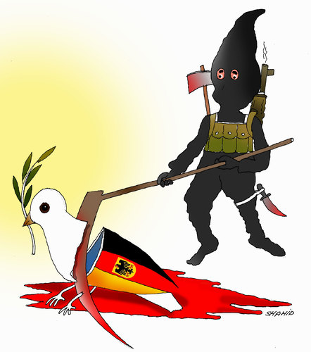 Cartoon: Terror attacks in munich (medium) by Shahid Atiq tagged afghanistan,kabul,syria,iran,switzerland,schweiz,usa,france,football,safi,cartooneu,uk,safe,atiq,fara,shahid,nice,munich