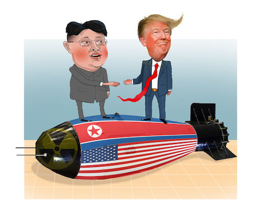 Cartoon: The first US president to cross (medium) by Shahid Atiq tagged north,korea