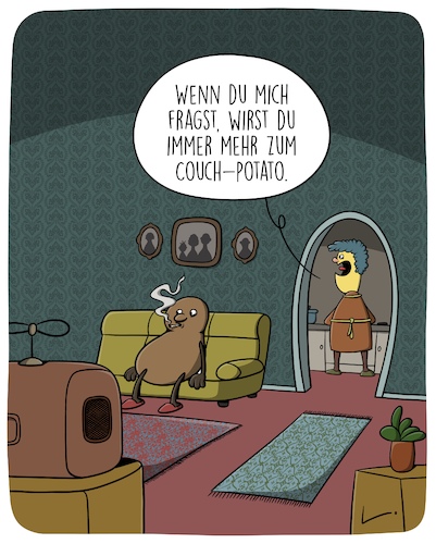 Cartoon: Couch-Potato (medium) by SCHÖN BLÖD tagged couch,sofa,potato,kartoffel,mann,frau,couch,sofa,potato,kartoffel,mann,frau