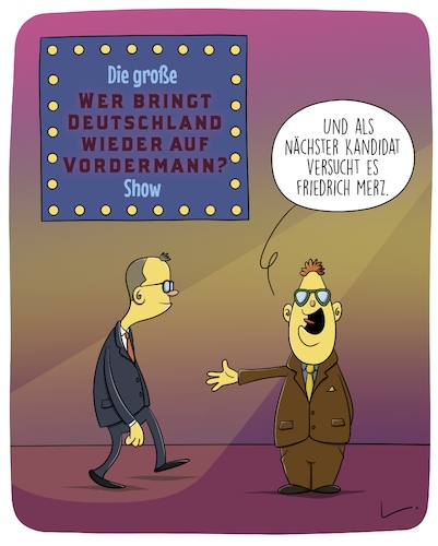 Cartoon: Deutschland (medium) by SCHÖN BLÖD tagged show,kandidat,deutschland,aufschwung,bundeskanzler,merz,show,kandidat,deutschland,aufschwung,bundeskanzler,merz