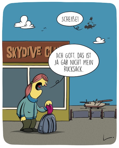 Cartoon: Fallschirmsprung (medium) by SCHÖN BLÖD tagged scheiße,fallschirm,fallschirmsprung,sprung,rucksack,verwechslung,scheiße,fallschirm,fallschirmsprung,sprung,rucksack,verwechslung