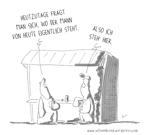 Cartoon: Männer (medium) by SCHÖN BLÖD tagged schöen,blod,schoen,bloed,thomas,luft,cartoon,humor,comic,spaß,lustig,freude,lachen,comedy,lacher,brüller,zeichnung,sprechblase,karikatur,heutzutage,bierdose,schnapsglas,männer,mann,pommesbude,bierbude,stehen