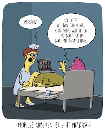 Cartoon: Mobiles Arbeiten (medium) by SCHÖN BLÖD tagged mobiles,arbeiten,geburt,entbindung,meering,video,krankenschwester,krankenhaus,mobiles,arbeiten,geburt,entbindung,meering,video,krankenschwester,krankenhaus