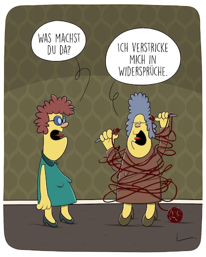 Cartoon: Verstrickung (medium) by SCHÖN BLÖD tagged widersprüche,wolle,verstrickung,stricknadeln,widersprüche,wolle,verstrickung,stricknadeln