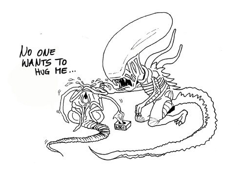 Cartoon: Facehuggers have feelings too. (medium) by Spacekadettin tagged xenomorph,facehugger,alien,hugs,sad,crying,fanart