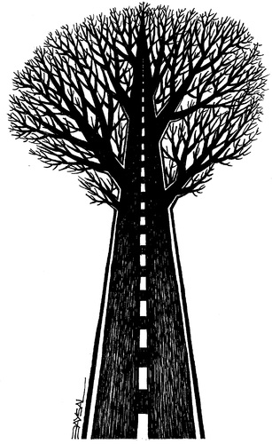 Cartoon: Road and tree (medium) by ercan baysal tagged ink,line,arm,bw,black,highway,white,turquie,humour,logo,work,draw,türkey,silhouette,vision,artwork,art,picture,graphic,satire,türkiye,ercanbaysal,way,tree,road