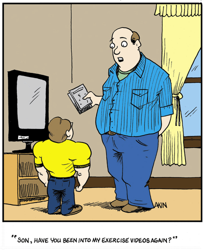 Cartoon: Father son moment. (medium) by Tim Akin Ink tagged father,son,humor,exercise,cartoon,funny,comic,dad,dvd,tapes,workout