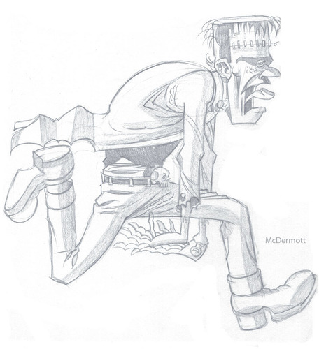 Cartoon: Frankensteins Running (medium) by Cartoons and Illustrations by Jim McDermott tagged frankenstein,monster,scary,movies,universalmonster