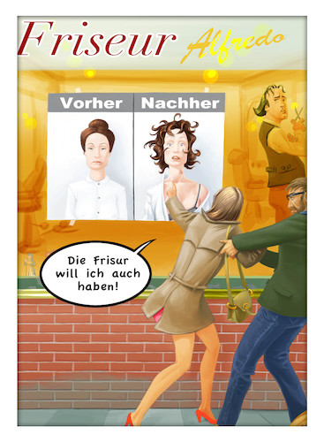 Cartoon: Die Frisur will ich auch (medium) by Michael Verhülsdonk tagged frau,mann,friseur,frisur