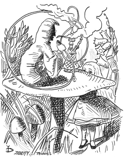 Cartoon: down a rabbit hole in weybridge (medium) by John Doherty tagged beatles,lennon,alice,in,wonderland,tenniel
