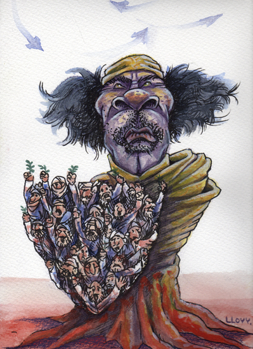 Cartoon: The dictator and his human shiel (medium) by lloyy tagged gadafi,dictator,human,shield,politic,humour,caricature