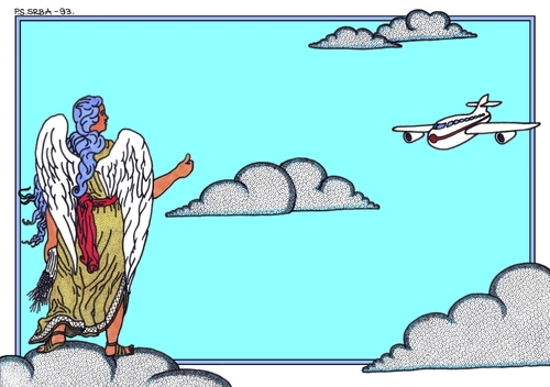 Cartoon: Hitchhiking (medium) by srba tagged angel,airplane,clouds,hitchhiking