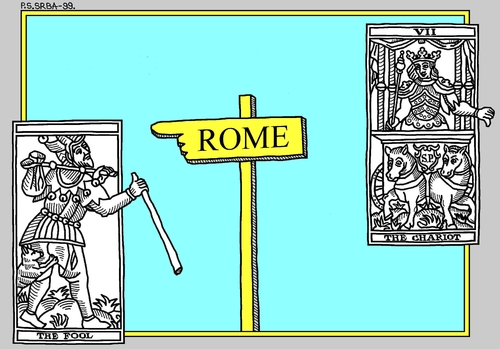 Cartoon: Via Appia (medium) by srba tagged tarot,cards,pilgrim,hitchhiking