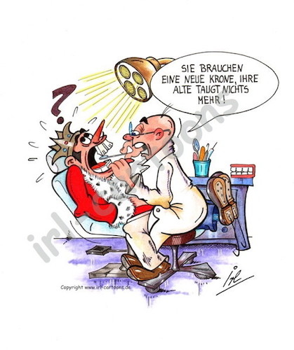 Cartoon: Beim Zahnarzt (medium) by irlcartoons tagged zahnklinik,zahnersatz,implantat,brücke,wortwitz,zahnweh,zahnschmerzen,zahnarzt,krone,könig,praxis,gesundheit,blombe,karies