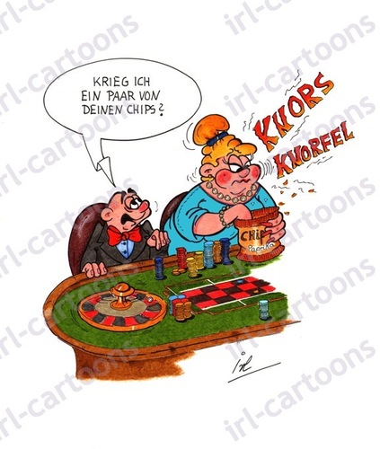 Cartoon: Chips (medium) by irlcartoons tagged chips,roulette,glücksspiel,bank,glücksspielverbot,wiesbaden,monaco,geld,bankrott,pleite,gewinn,spielablauf,kugel,salzgebäck,wortspiel,spielregel,appetit,spielsucht,ehe,ehealltag,reich,arm,spielbank,poker,spiel,jackpot,croupier,gewinnchancen