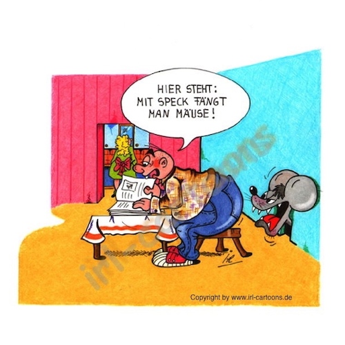 Cartoon: Mausefalle (medium) by irlcartoons tagged nagetier,küche,kammerjäger,tier,mäusepopulation,mauseloch,tipp,trick,lesen,lebensmittel,fangmethoden,hausmaus,lockmittel,wohlstand,überfluss,zeitung,maus,speck,mausefalle,wortwitz,redekunst,redensarten,käse,falle,köder,diät,übergewicht