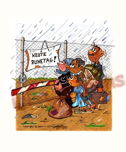 Cartoon: Ruhetag (medium) by irlcartoons tagged europa,mittelmeer,flucht,krieg,elend,not,asylverfahren,verfolgung,schranke,grenze,flüchtlinge,ruhetag