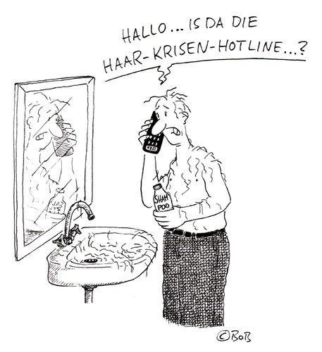 Cartoon: ...Hotline... (medium) by Christian BOB Born tagged haare,männer,haarausfall,shampoo,krise,hotline,albtraum,notruf
