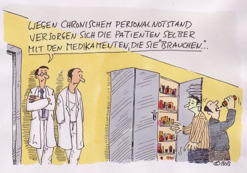 Cartoon: Selbstbedienung (medium) by Christian BOB Born tagged medizin,drogen,giftschrank,klinik,patient,arzt,gurgel,happy,pillen