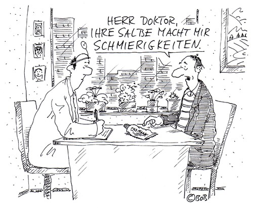 Cartoon: Unglücklich (medium) by Christian BOB Born tagged salbe,arzt,patient,haut,schmierig,schwierig,salbe,arzt,patient,haut,schwierig,schmierig,praxis,gesundheit,ärzte,doktor,medikamente