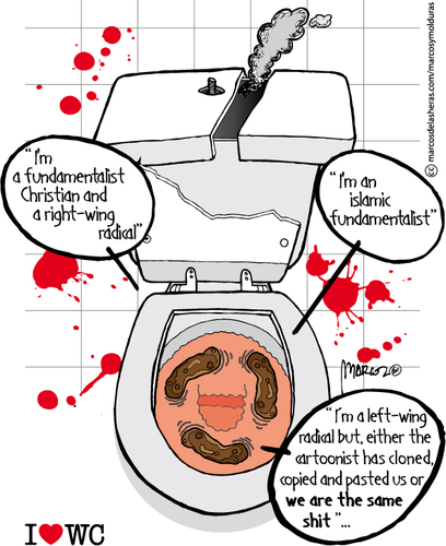 Cartoon: Talks shit fundamentalism (medium) by marcosymolduras tagged norway,atack,oslo,fundamentalism,shit,talks